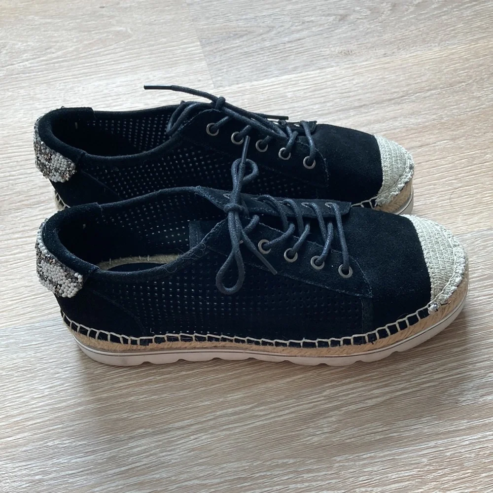Black laser cut suede espadrille sneakers with embellishment
